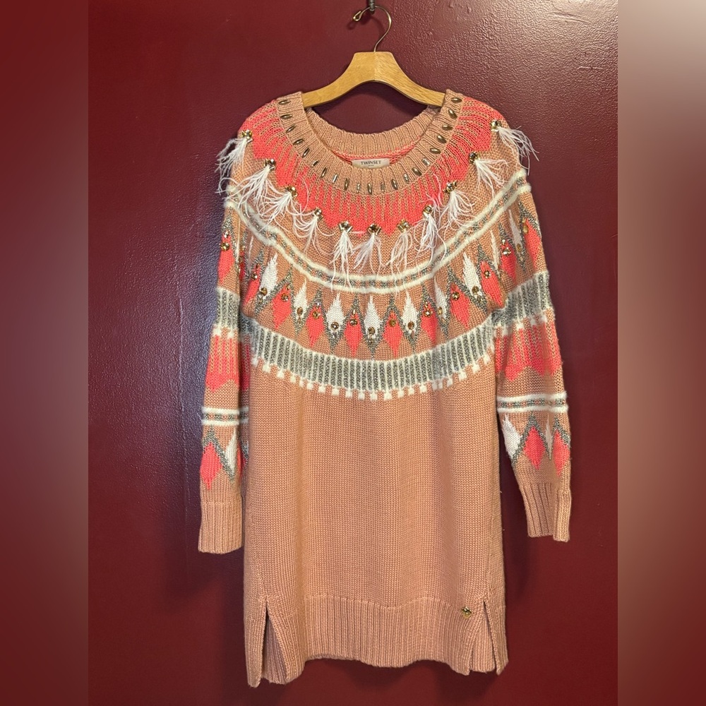 Twinset Milano Wool Sweater Dress Women’s XL Fair‎ Isle Fringe Rhinestone Boho